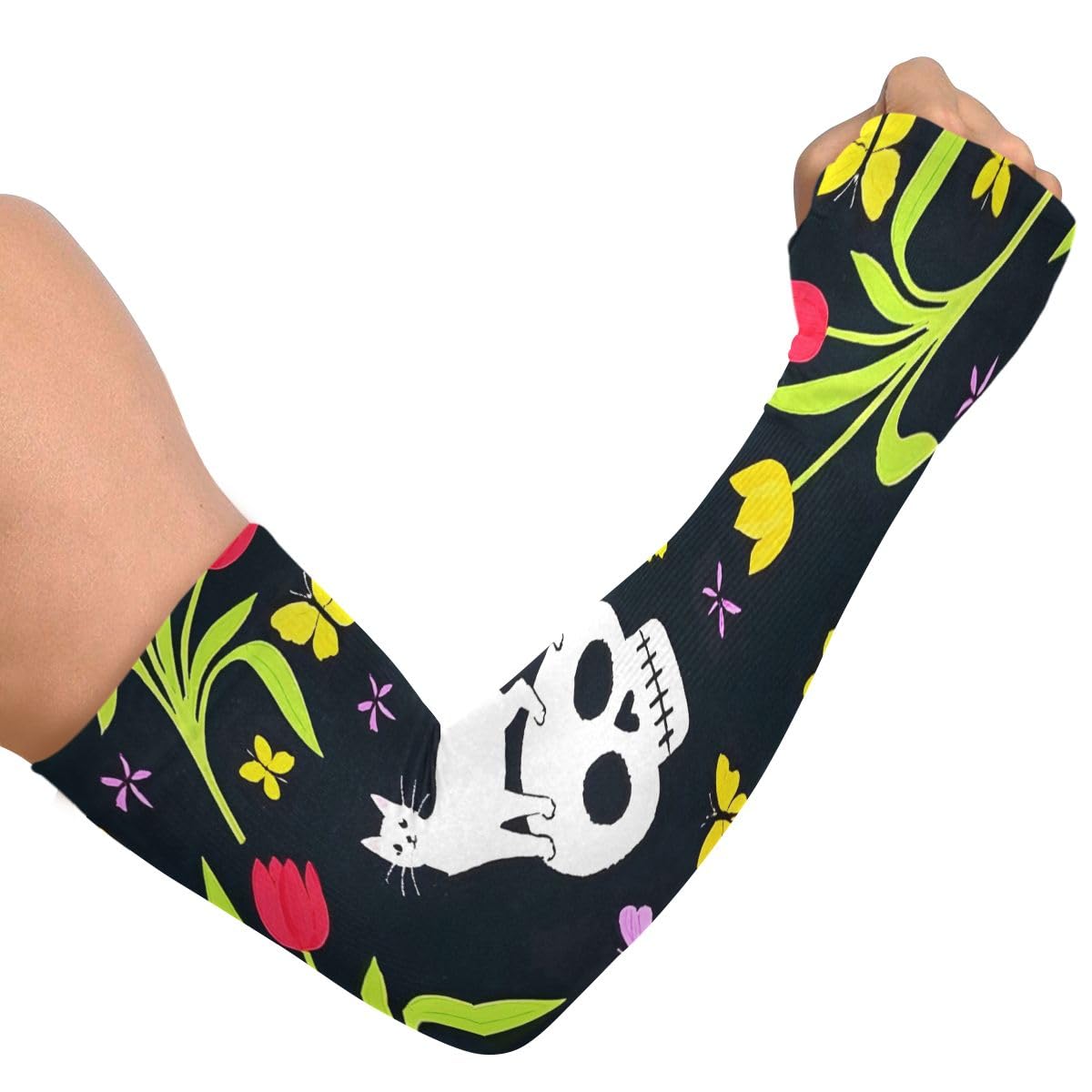 Cooling Arm Sleeves for Men Women UV Sun Protection Arm Covers Skull Cat Tulip Flower Compression Sleeves Sports Football Golf Cycling