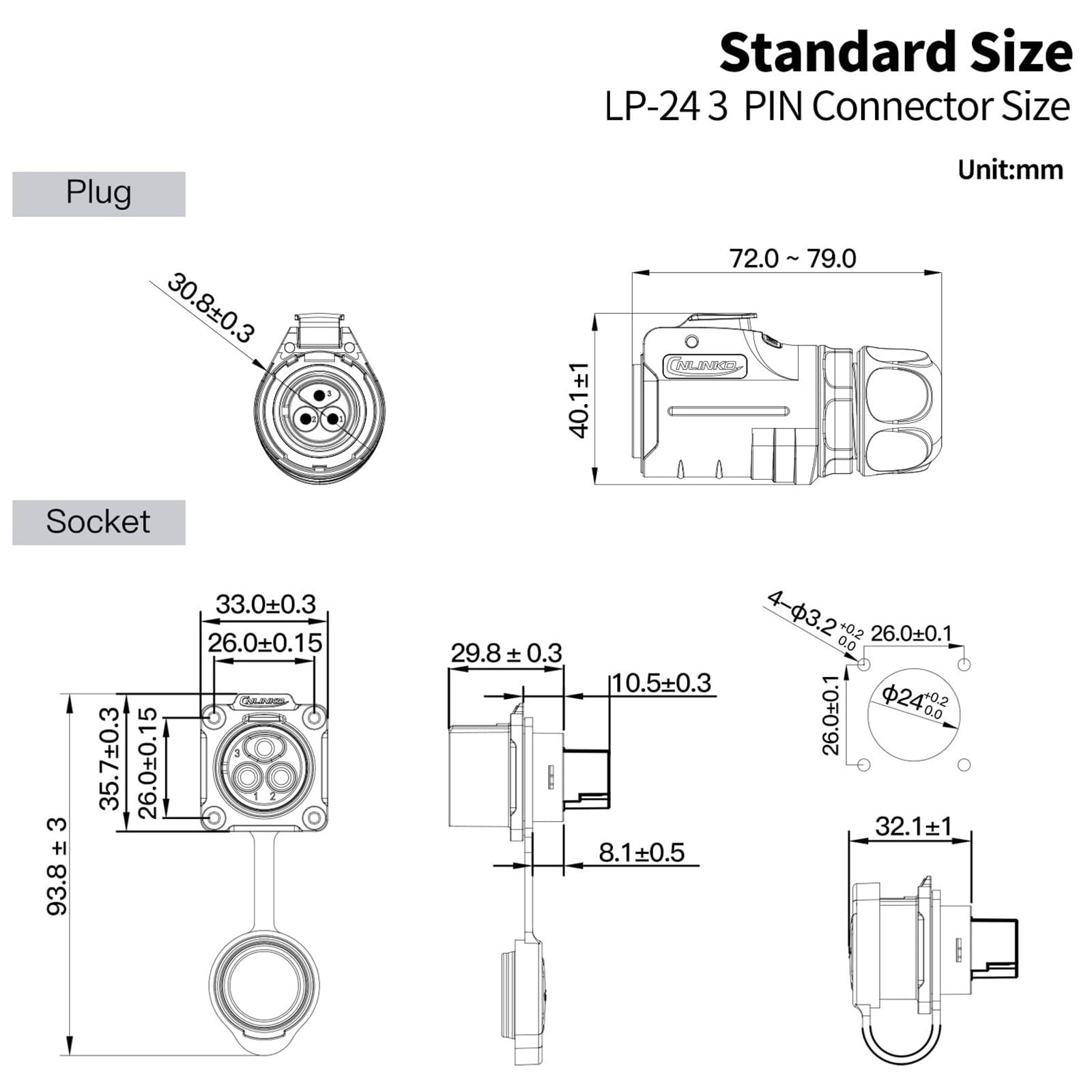Conector de Tornillo de Bloqueo rápido LP24 de 2/3 Pines, Industrial, CA, Resistente al Agua, IP68, 25 A, diámetro Exterior de 10,5 a 14 mm.(Male Nut Socket,2P)