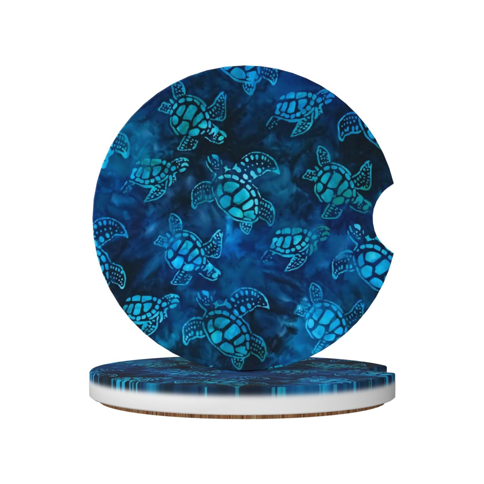 Watercolor Blue Sea Turtle Car Coasters, 2 Pack Absorbent Car Cup Holder Coasters, Ceramic Drink Coasters with A Finger Notch and Cork Base, Car Interior Accessories for Men Women