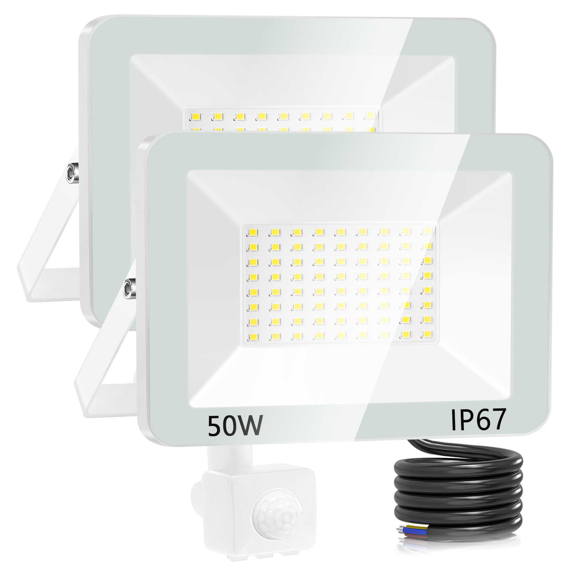 50W Faretto LED da Esterno con Sensore di Movimento, 2 Pezzi 5000LM Faretto Led da Esterno 6500K Bianca Fredda, IP67 Impermeabile Faro LED Esterno con Sensore Movimento per Giardino, Garage, Cortile