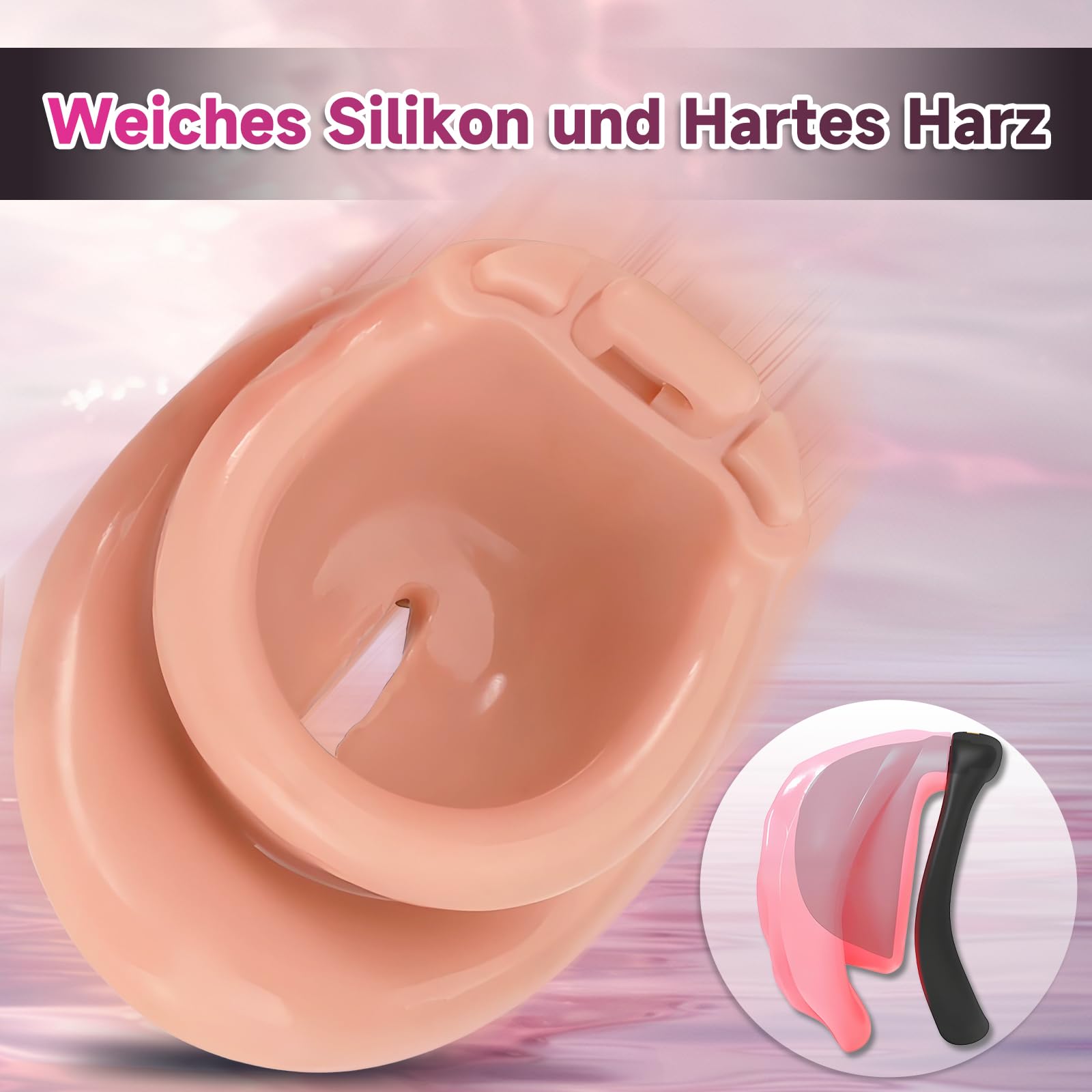 Jouet Adulte Cage de Chasteté pour Pénis avec Mini-Serrure et 4 Anneaux Différents Sex Toys Homme Sissy Chastity Cage Man Légère en Résine et Silicone avec Ceinture pour Attacher le Pénis (Complexion)