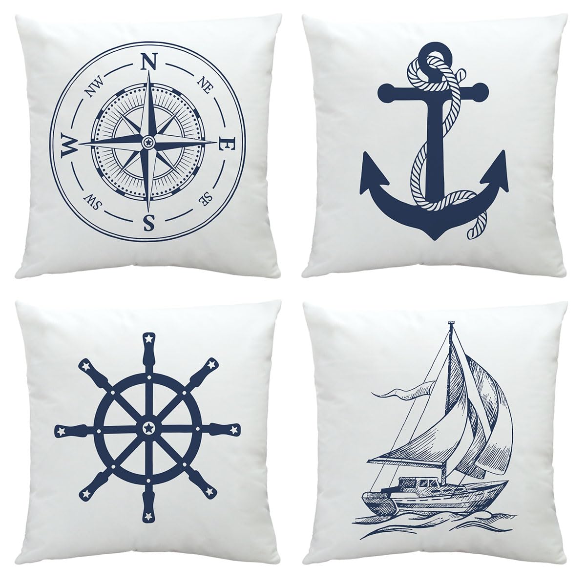 RYKEEN Navy Blue Nautical Pillow Covers 18x18 Inch ，Set of 4 Nautical Pillow Covers Ocean Boat Anchor Compass Ship Pillow Cases for Home Ship Sofa Decor (18x18 Inch)