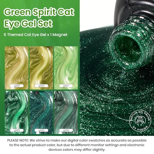 Image of Beetles Green Spirit Cat Eye Gel Nail Polish Set, 6 Colors Glitter Green | Lime Emerald Olive Glitter Gel Polish Kit Magnetic Shine Soak Off UV Manicure Gift for Women