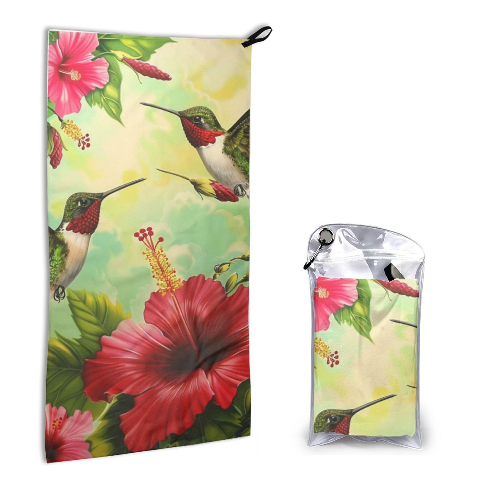 BWWHCCTI Quick Dry Hand Towel With Bag - Hummingbirds Red Flower Hibiscus Printed Super Absorbent Face Cloth Microfiber Travel Sports Towels 40x80cm