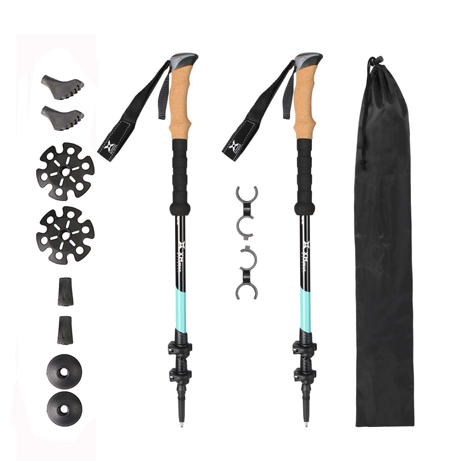 Aluminum Trekking Poles 2 pcs - Adjustable, Ultralight, Shock-Absorbent 4 Seasons Walking & Running Sticks Hiking Pole with Quick Locks, Cork Grip, Carry Bag for Men Women