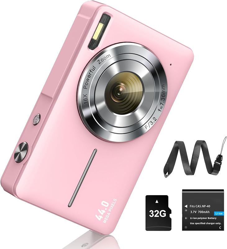 Digital Camera 1080P 44MP Photo Camera FHD 16x Digital Zoom Digital Camera with Battery Portable Simple Digital Camera for Kids Students Teenagers Beginners Seniors (Pink)