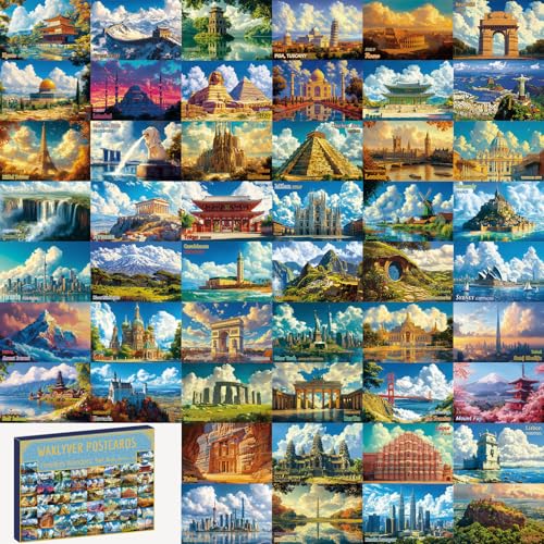 WAKLYVER 50 Illustrated Around the World Landmark Postcards – Retro Travel Poster Style 6x4 Postcard Set for Wall Display, Mailing, Collecting, and Gifting