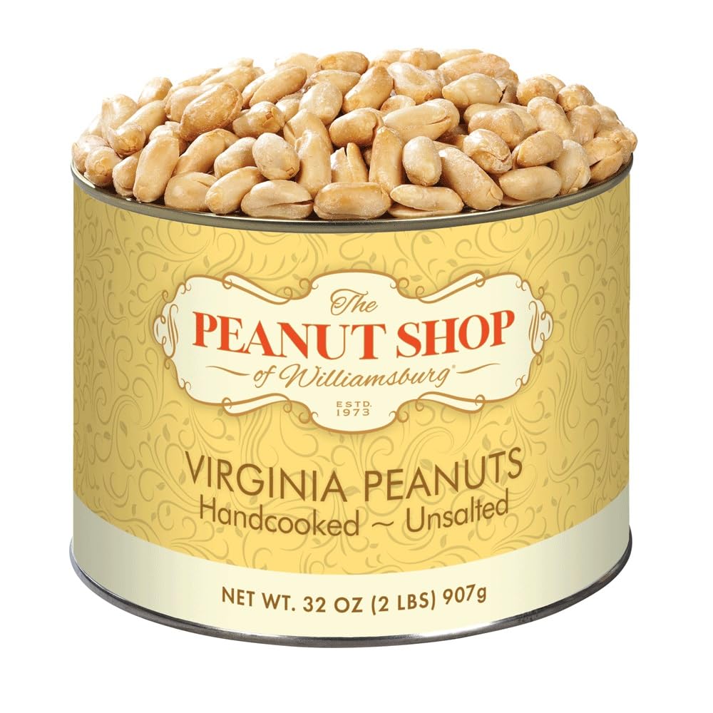 The Peanut Shop of Williamsburg Unsalted Virginia Peanuts, Non-Gmo Handcooked Salt-Free Williamsburg Peanuts Gluten-Free - 32 Oz Tin