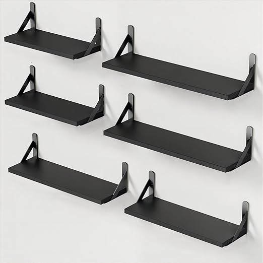 AMADA HOMEFURNISHING Wall Shelves Set of 6, Wood Floating Shelves for Decor, Rustic Farmhouse for Bedroom, Bathroom Storage, Book Shelves for Living Room, Black