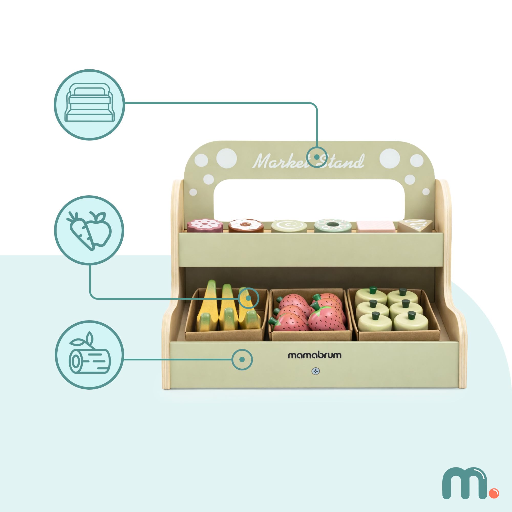 Mamabrum Holz Kinderladen Marktstand Zweistöckig Tragbar 24-Teiliges Set Obst und Dessert Rollenspiel Spielzeug für Kinder ab 24 Monaten, 17,9 x 32,0 x 27,4 cm