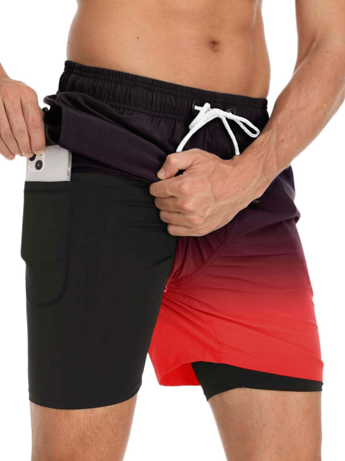 outfit spring Badehose Herren Schnelltrocknend mit Reißverschlusstasche, 2-in-1 Badeshorts für Herren mit Kompressions-Innenhose, Boardshorts Männer für Strand, Pool & Training
