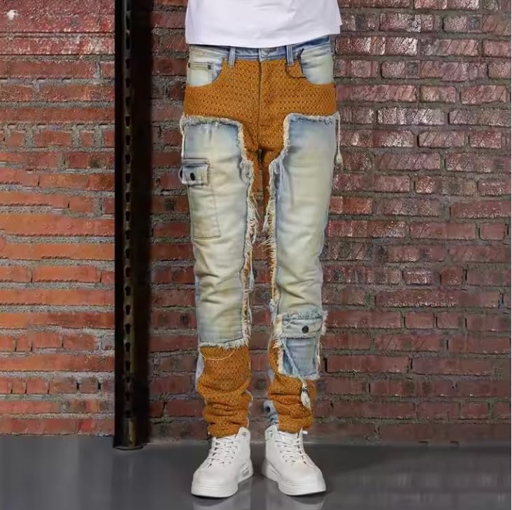 Men's Straight-Leg Mid-Rise Denim Pants with Denim Patchwork, Slim Fit, Multiple Pockets, Trendy Casual Street Style Denim2