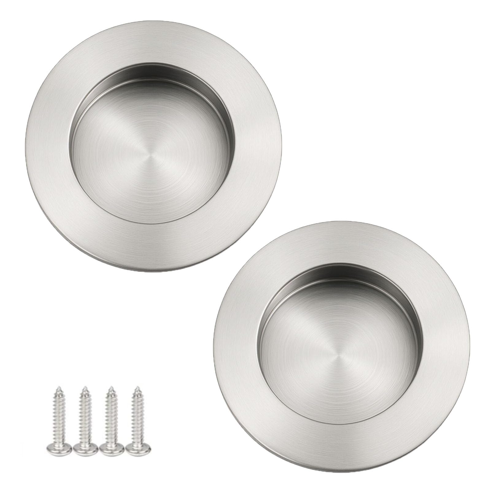 2 Pack Flush Recessed Sliding Round Door Pull Handles Hidden Finger Pull Handle Satin Brushed Stainless Steel Inset Cupboard Handle for Drawer Wardrobe Closet Barn Door - Silver