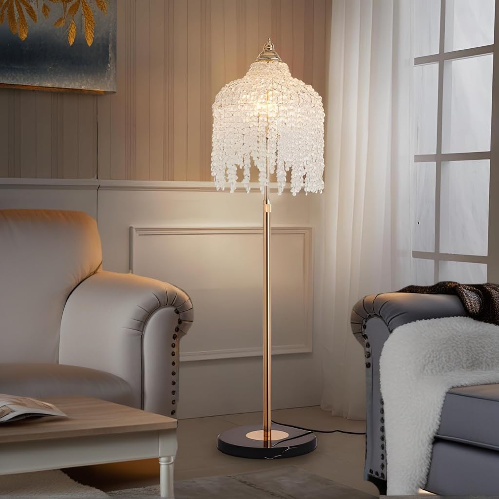 3-Light Gold Crystal Floor Lamp,Elegant Stand Up Lamp with Pendant Crystal Shade,Modern Floor Lamp for Living Room,Bedroom Decor