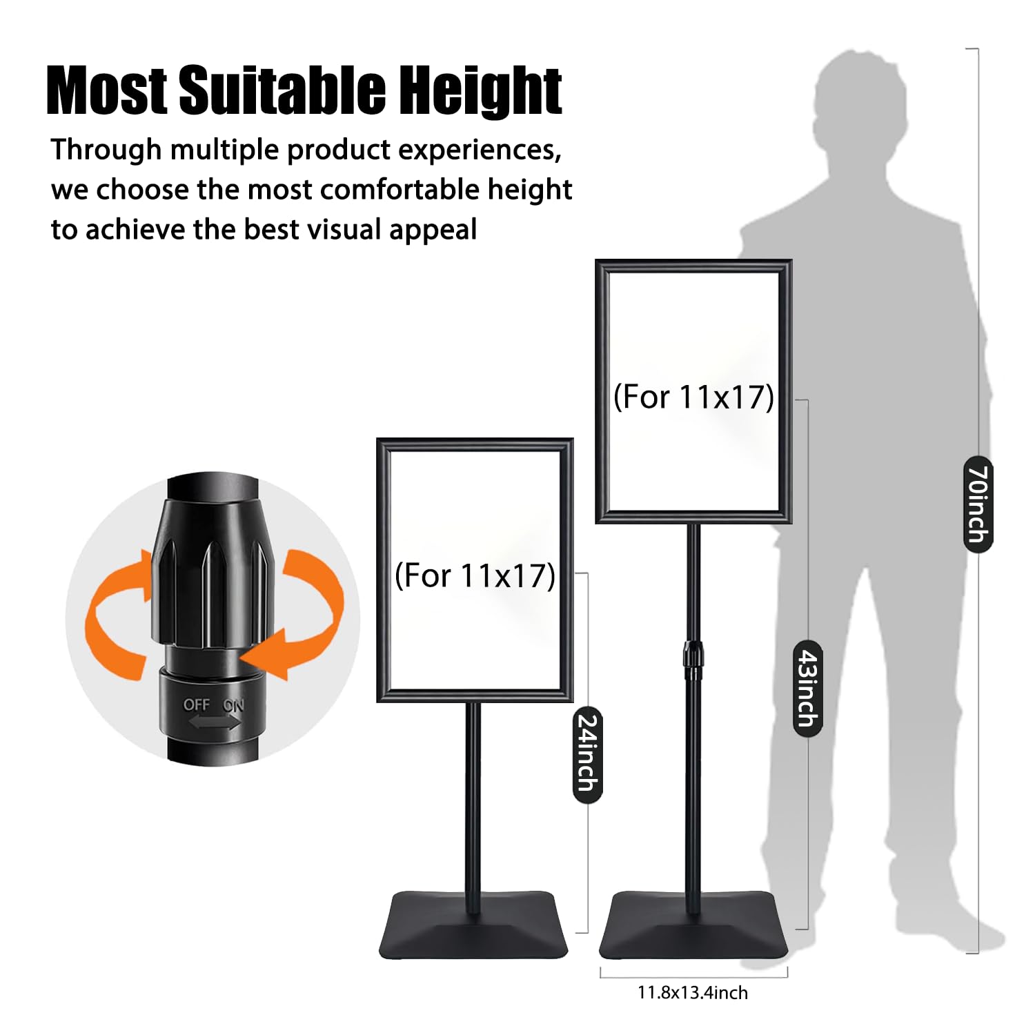 Soporte ajustable para carteles, con base de hierro mejorada, soporte de señalización de piso de pedestal para publicidad en exteriores o interiores (11 x 17 pulgadas, negro, paquete de 3)