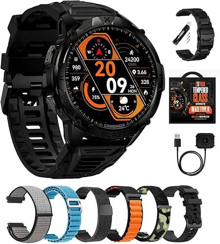 CARBINOX Blaze Smart Watch Ultimate Pack con GPS, resistente rastreador de fitness resistente al agua IP69K, compatible con Android e iOS, más de