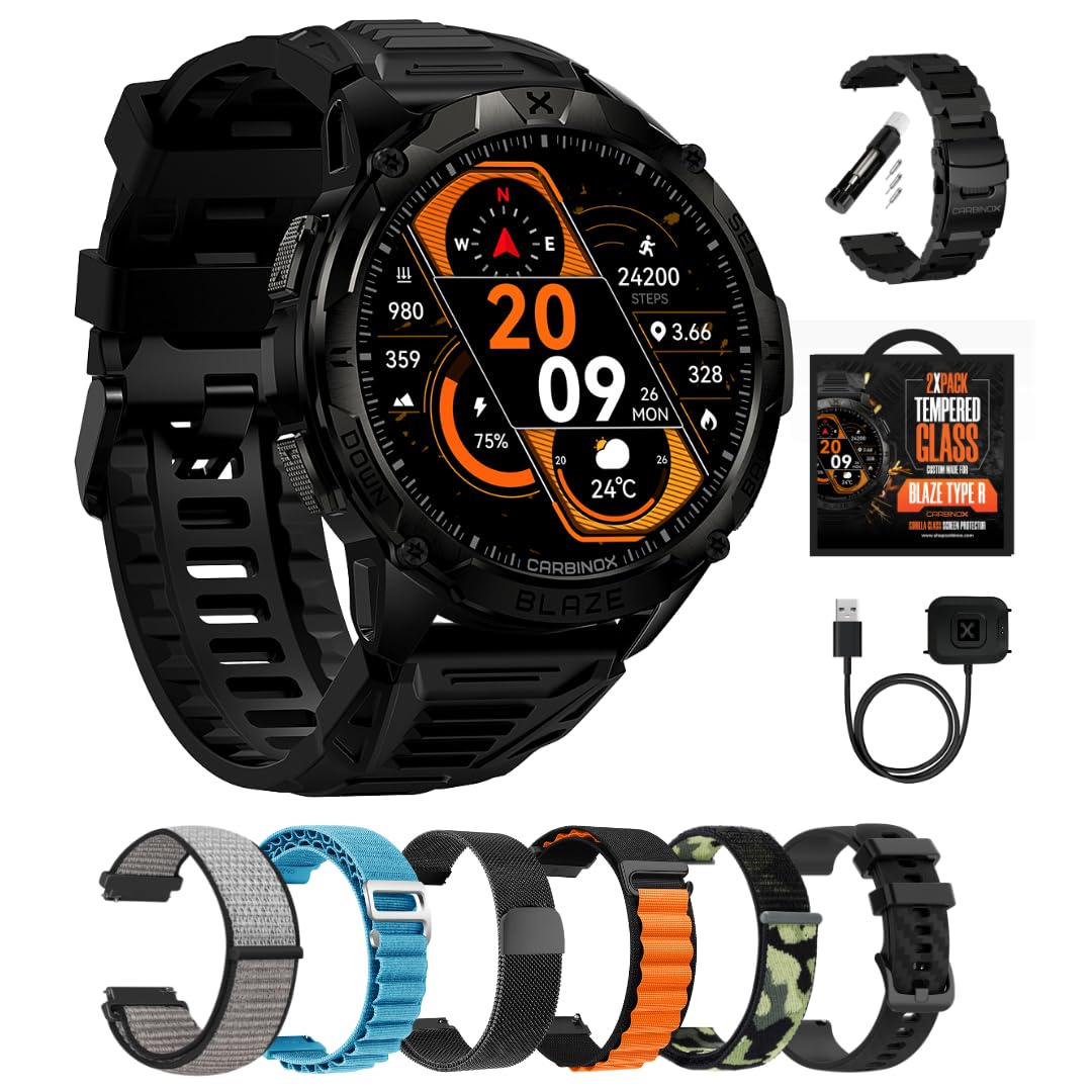 CARBINOX Blaze Smart Watch Ultimate Pack with GPS, Rugged Fitness Tracker Waterproof IP69K, Compatible with Android and iOS, 170+ Sports Modes, Make/Receive Calls (Round)