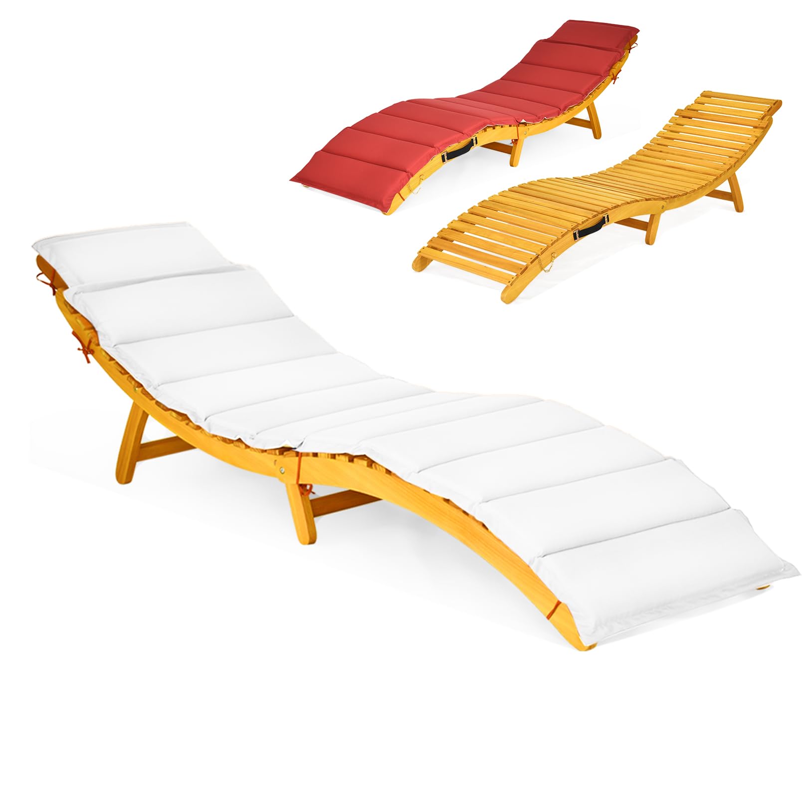 KOMFOTTEU Tumbona Plegable de Madera Reclinable con Cojín de Doble Cara | Sillón Reclinable con Asiento Acolchado Portátil, Silla Ergonómica para Jardín, Patio, Terreza, Carga 180kg, 190 x 55 x 52 cm