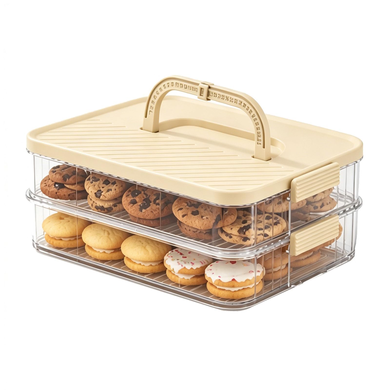 Punorric Cracker Storage Container 2 Tier, Biscuit Tins Large Biscuit Container, Cookie Storage Container with Date Handle, Dumpling Storage Box, Biscuit Barrel for Fridge Freezer