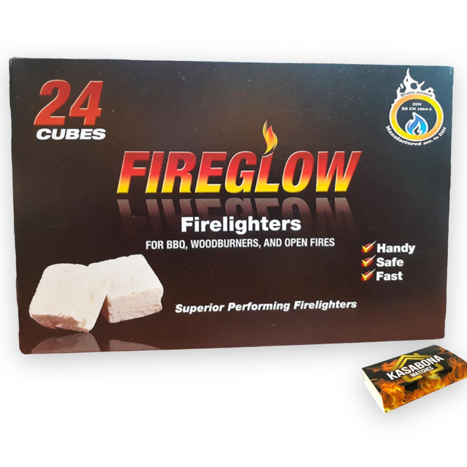Fireglow Firelighters Bulk Pack Hotspot Burners BBQ Coal Wood Burners with KasaBona Safety Matches - 24 Firelighters