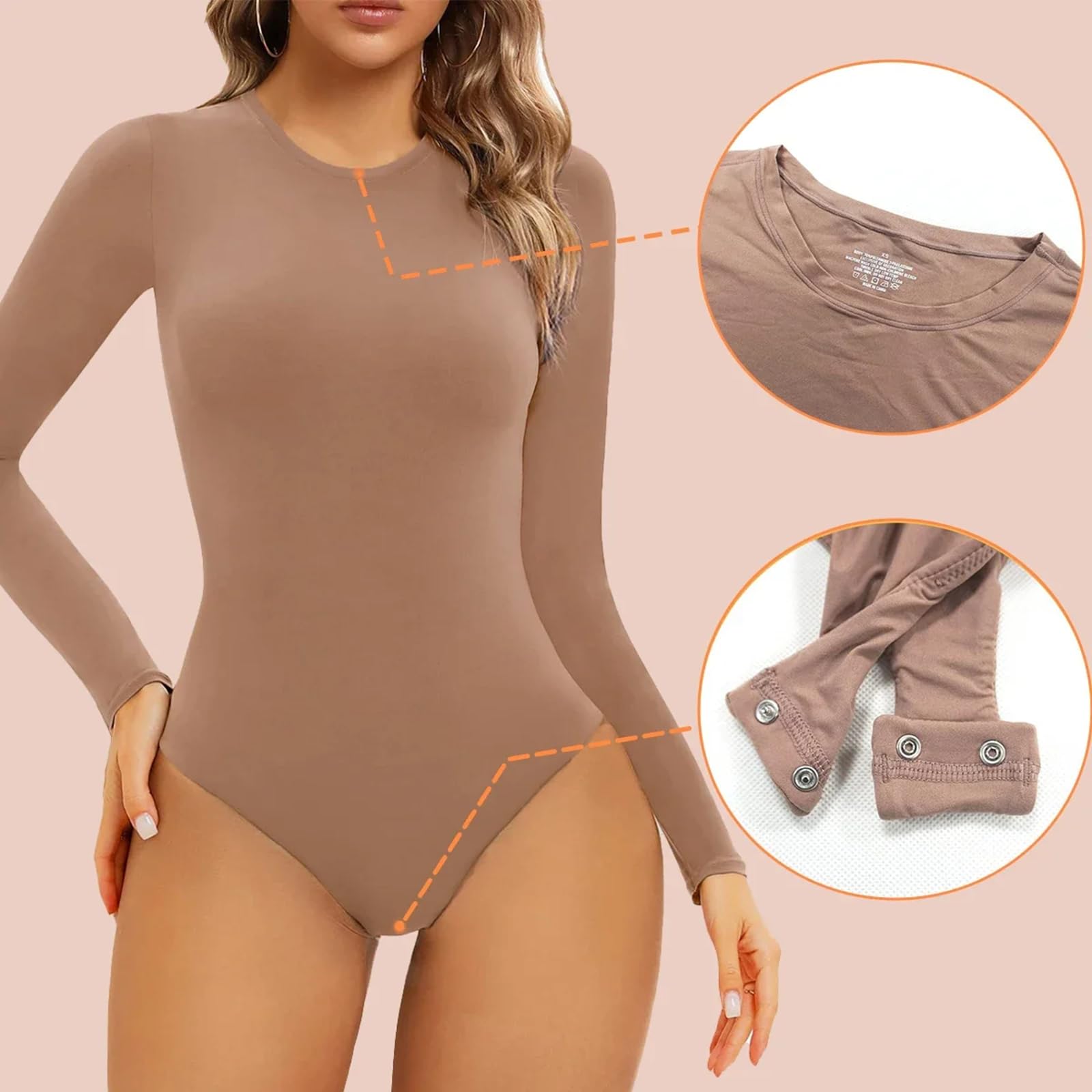 ISCBAFYX Body Moulant pour Femmes, Manches Longues/Courtes, Haut Justaucorps Extensible, String, col Rond, Couleur Unie, Combinaison Amincissante