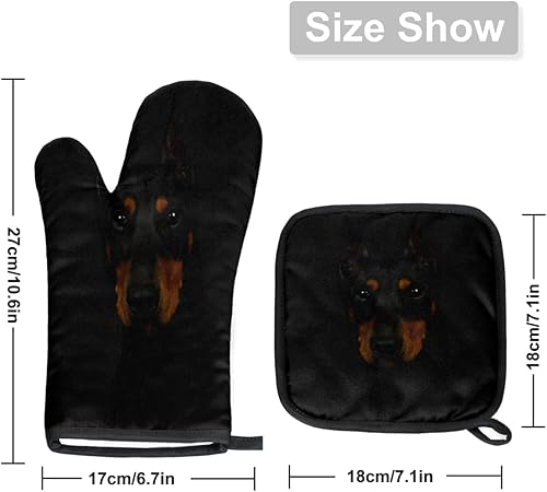 Miniatura 2 de Doberman Pinscher - Juego de guantes de horno y soportes para ollas para perros, resistentes al calor, antideslizantes, guantes de horno y tapete