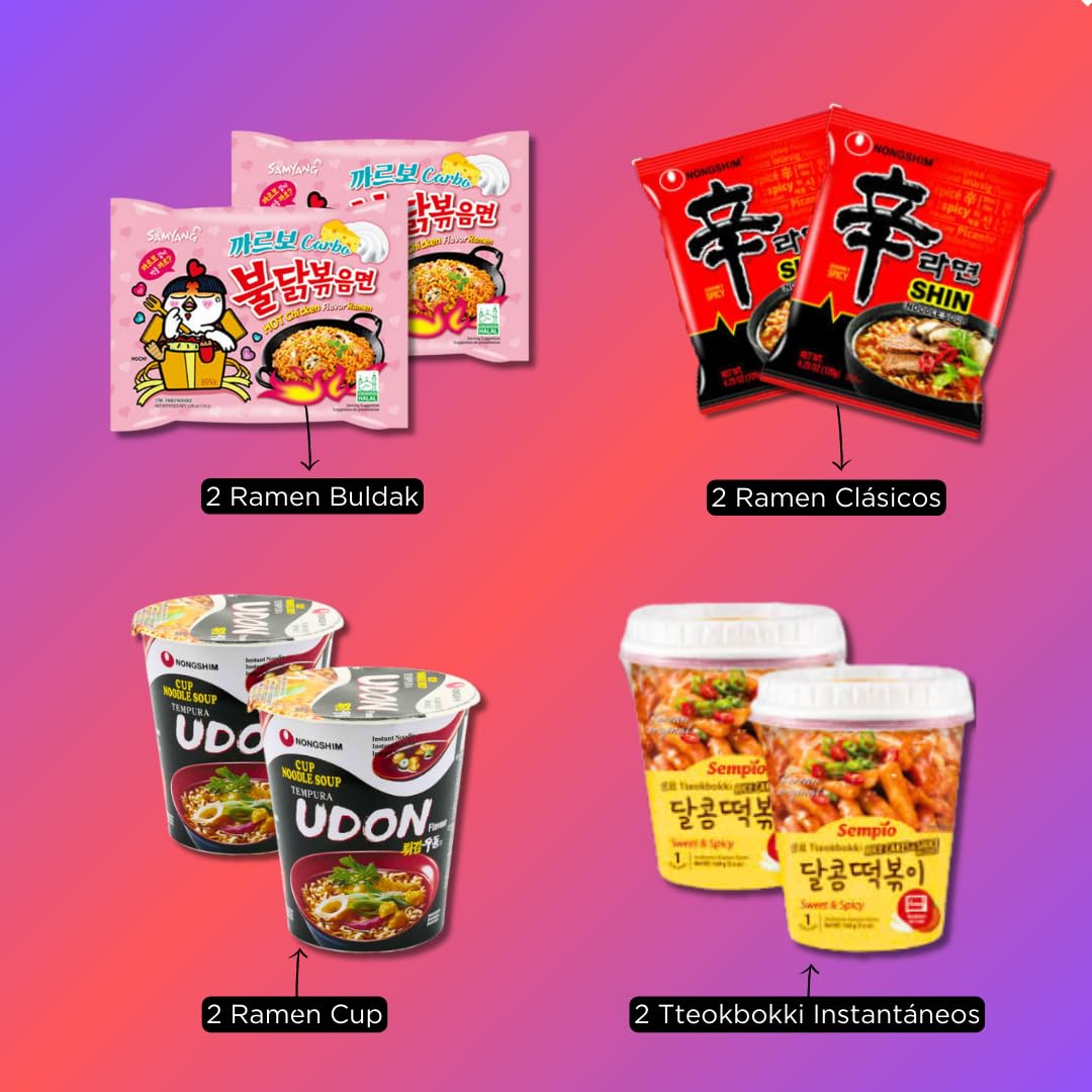 Korean Market | Caja Sorpresa de Comida Coreana (Duo Edition) | Para 2 Personas | Snacks, Ramen, Kimchi, Tteokbokki, Algas, Dulces, Bollería, Sticks de Chocolate y Palillos