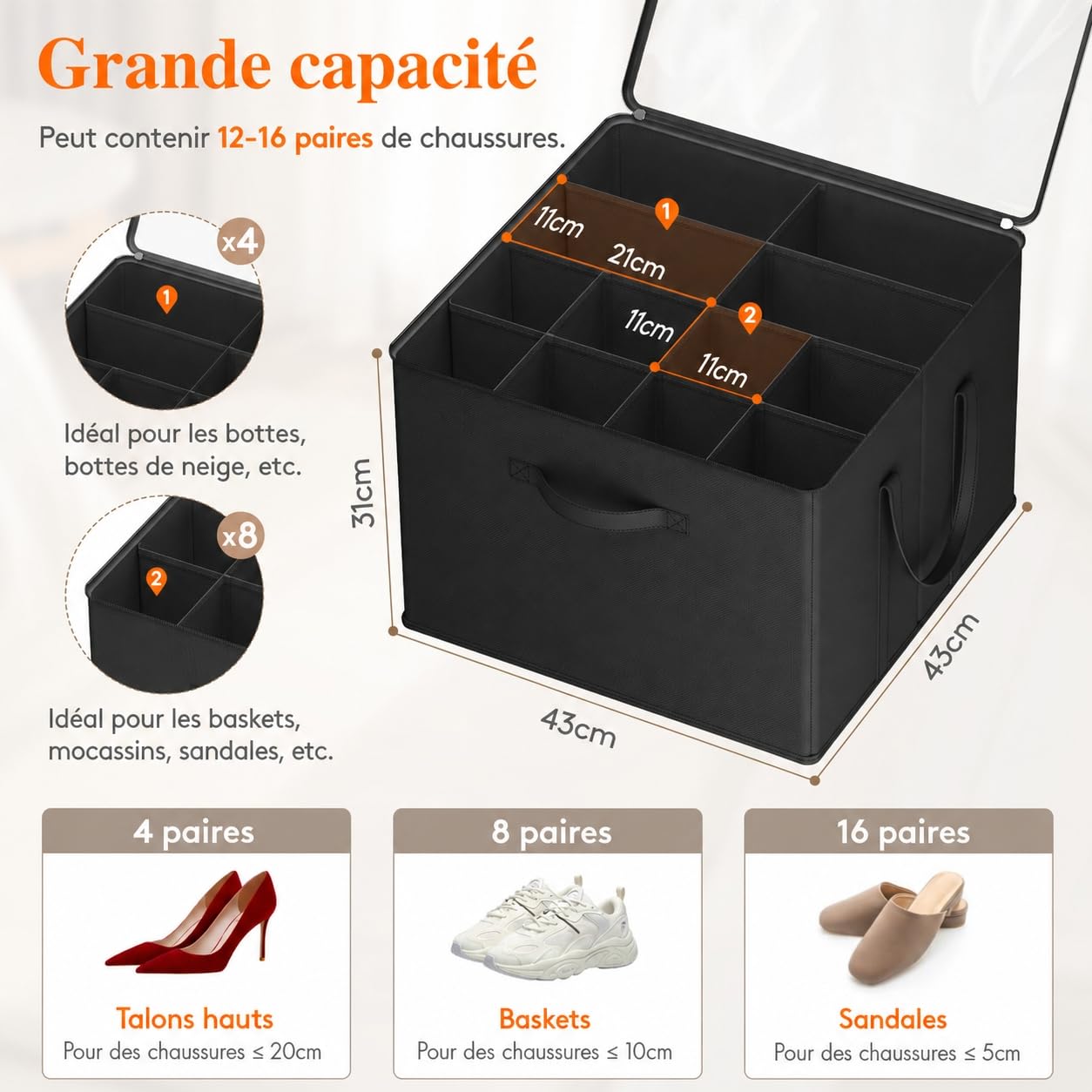 Lifewit Organisateur Chaussures pour Armoire, Boite Rangement Chaussures pour 12-16 Paires avec Couvercle Transparent, Shoe Organizer Pliable avec Séparateurs, 43 x 43 x 31 cm, Noir, Lot de 2