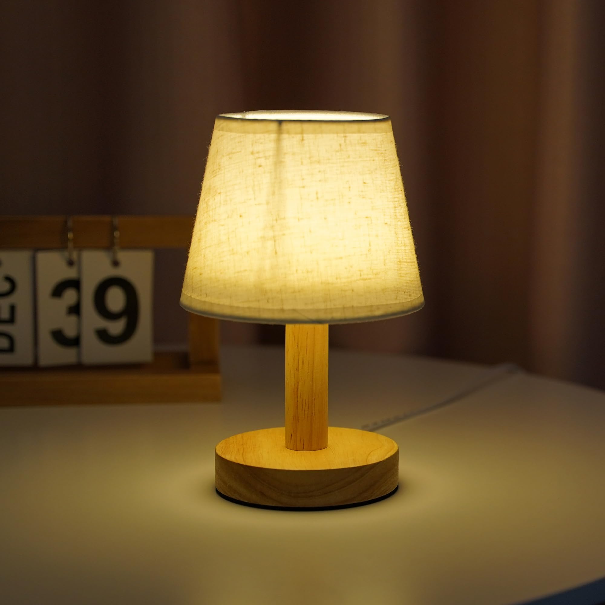 Kuber Industries Aesthetic Dimmable Bedroom Lamp for Side Table | Office & Desk Table Lamp for Living Room and Home Decor with Fabric Shade & Wooden Base | Natural Wooden Brown-TA-005
