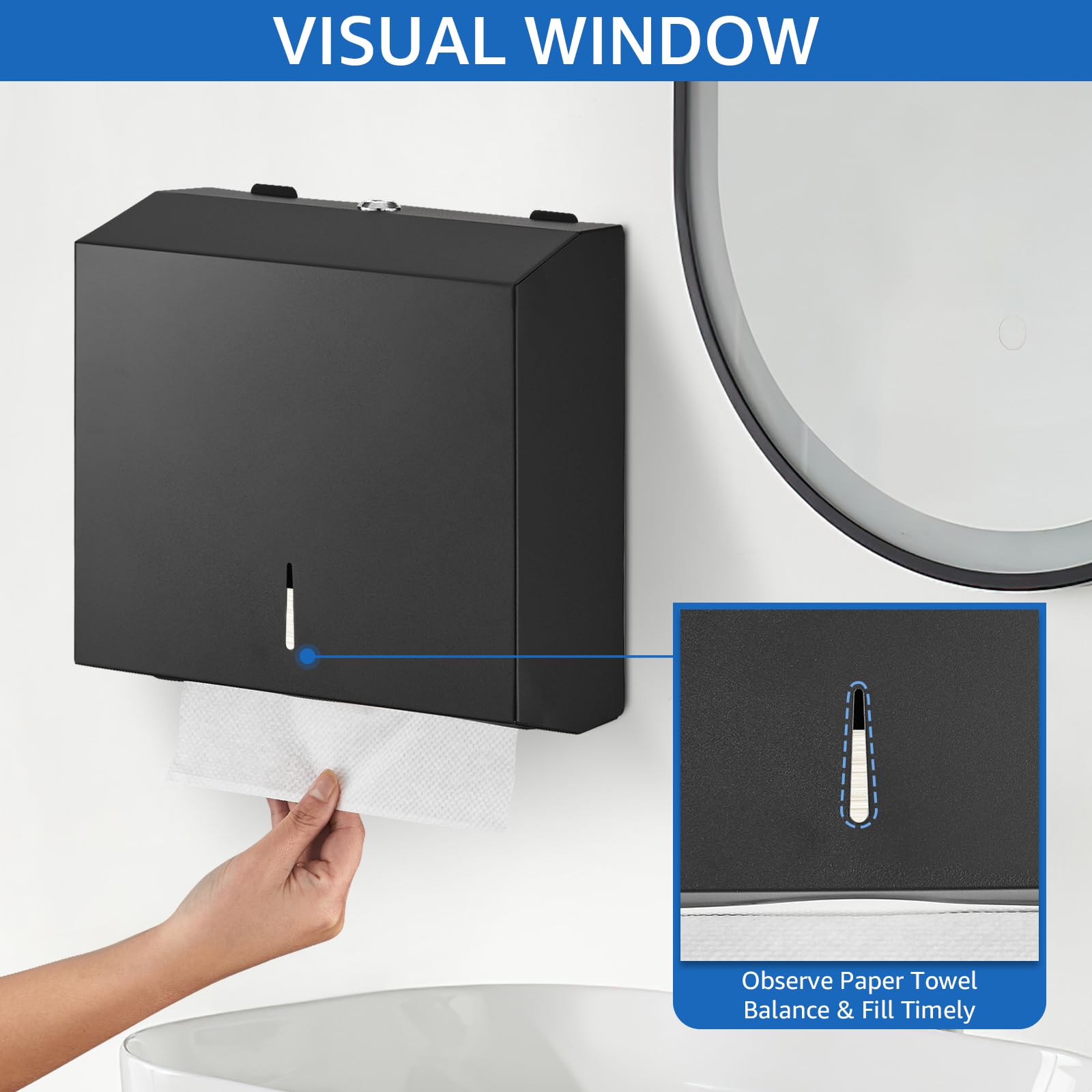 Dispensador de toallas de papel de acero inoxidable, montaje en pared, triple pliegue, gran capacidad, comercial