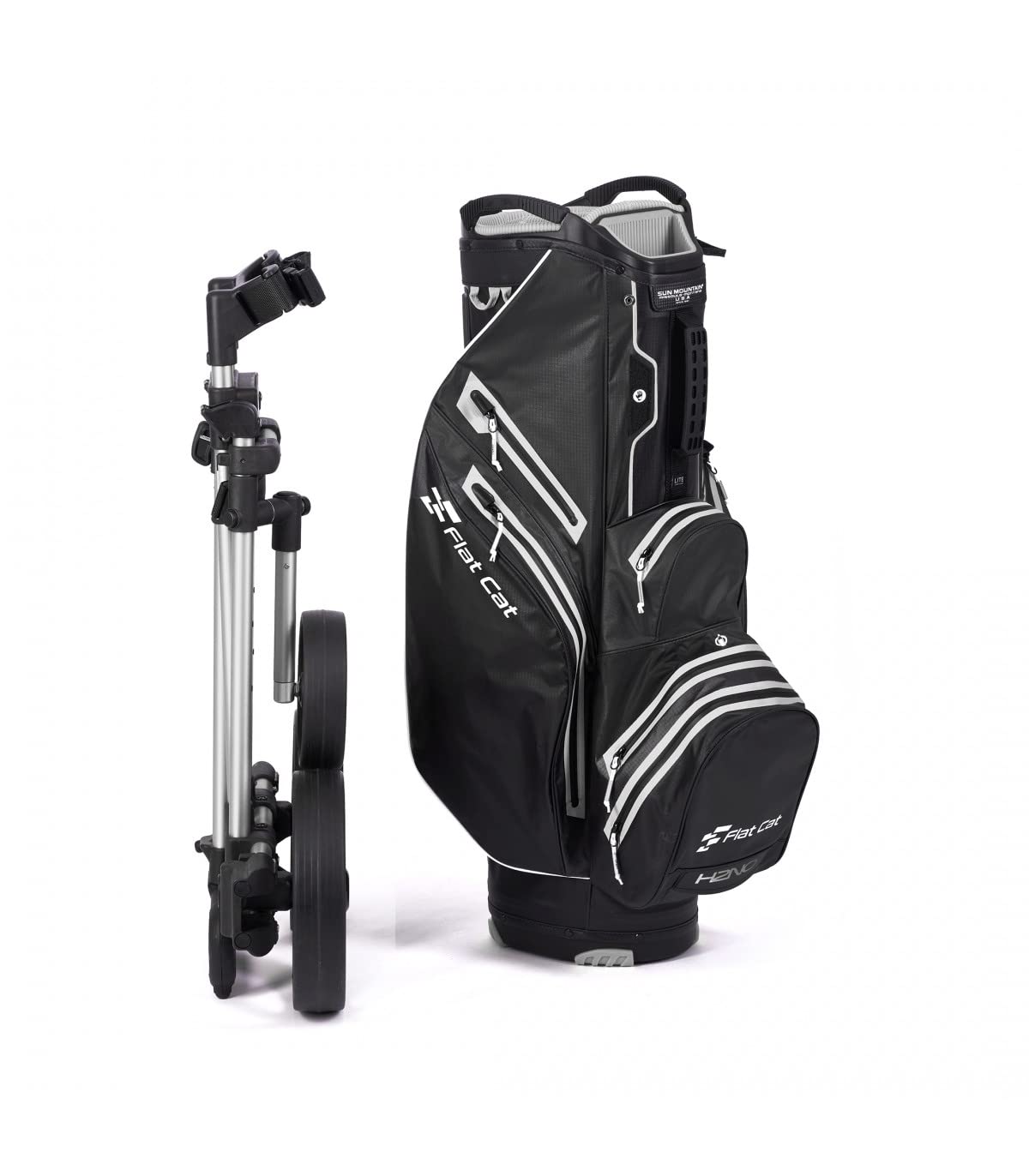 FLAT CAT Carro de golf eléctrico Gear Silver plegable en aluminio anodizado y fibra de vidrio ¤ Batería Li-Fe 36 agujeros ¤ Freno Motor, velocidad memorable ¤ Peso 7,4 kg ¤ Funda de protección.