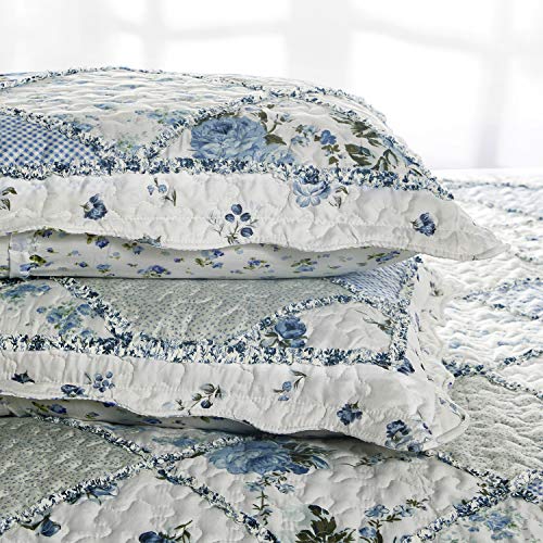 Vivilinen OVERSIZED KING SIZE QUILT Oversized King Size Blue Floral Plaid Patchwork Quilt Set 128X120 Extra Wide Super King Size Rversible Quilted Bedspread Coverlet Set 3-Piece Comforter Bedding Set Bed Cover thumb #5