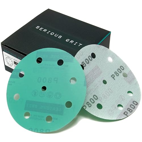 Vista 14 de Surtido de discos de lijado de 9 agujeros de 5 pulgadas - Grano 80, 120, 150, 180, 220 (10 de cada uno) - Discos de película de gancho y bucle