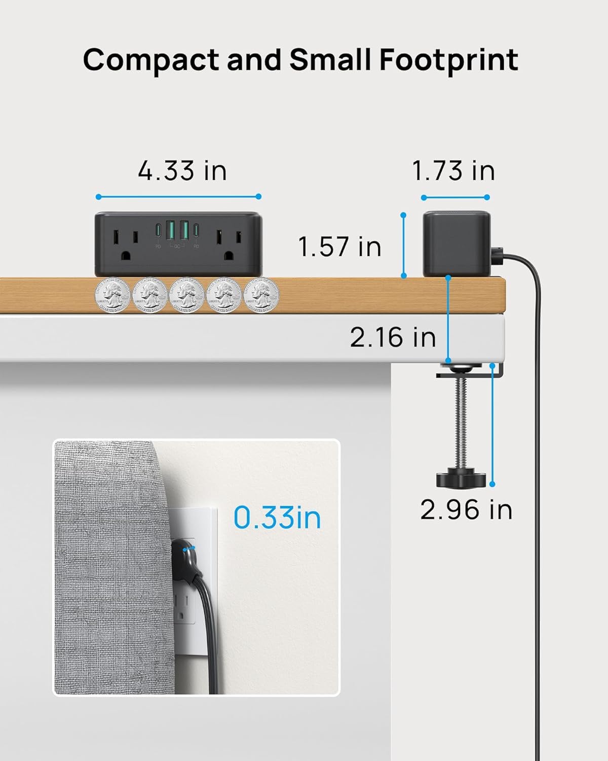 TROND Mehrfachkontakt-Steckdosenleiste für Tischclip, 3 m, flache Steckdose, Verlängerung mit 6 Ausgängen und 4 USB PD 20 W USB C Gesamt, Schnellladestation für Zuhause, Schlafzimmer, Büro