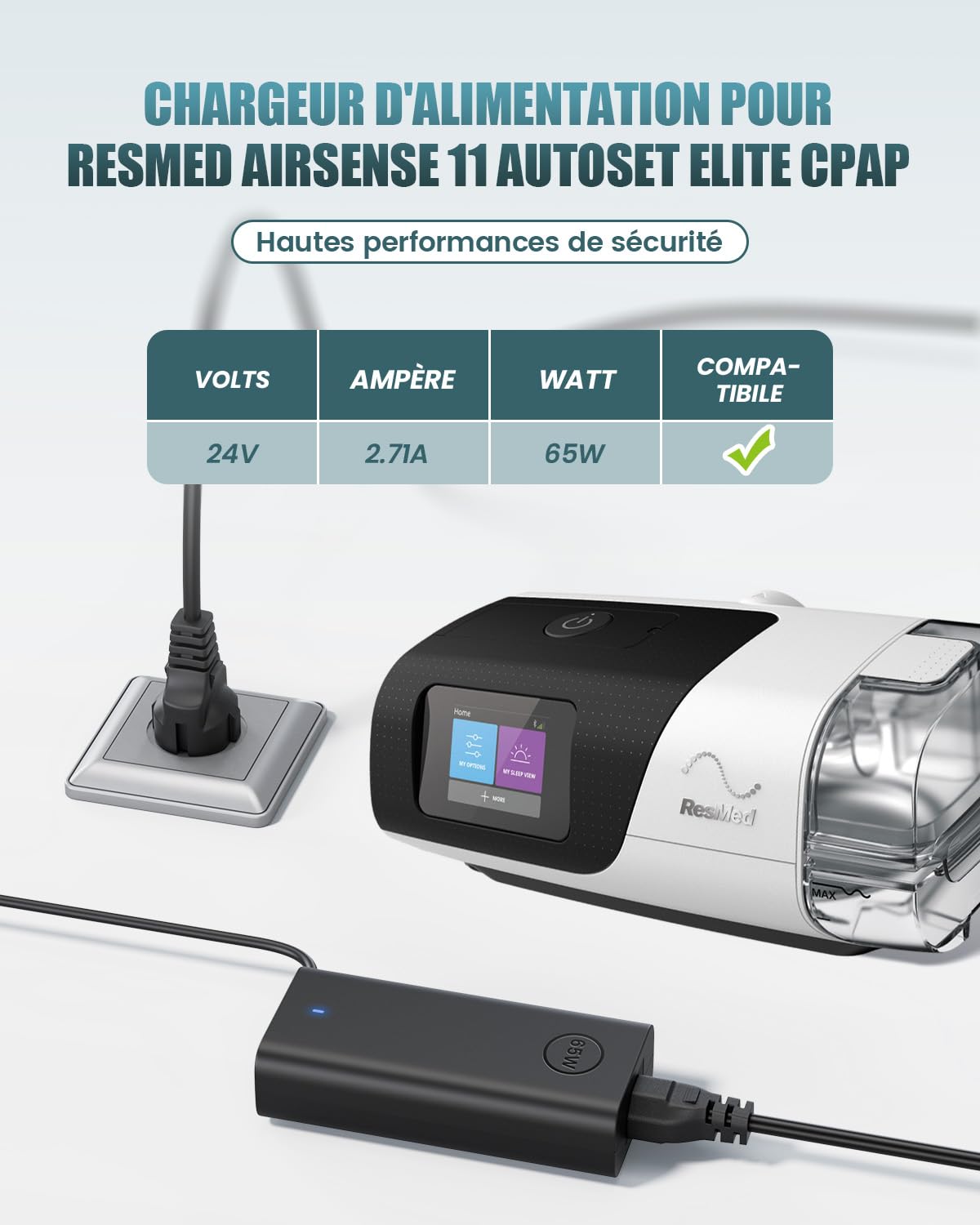 24V 2.71A Alimentation Adaptateur pour ResMed AirSense 11 AutoSet Elite CPAP AirSense 11 Elite AirMini CPAP 39205 E1399 390000 390010 R390-7230 Adaptateur