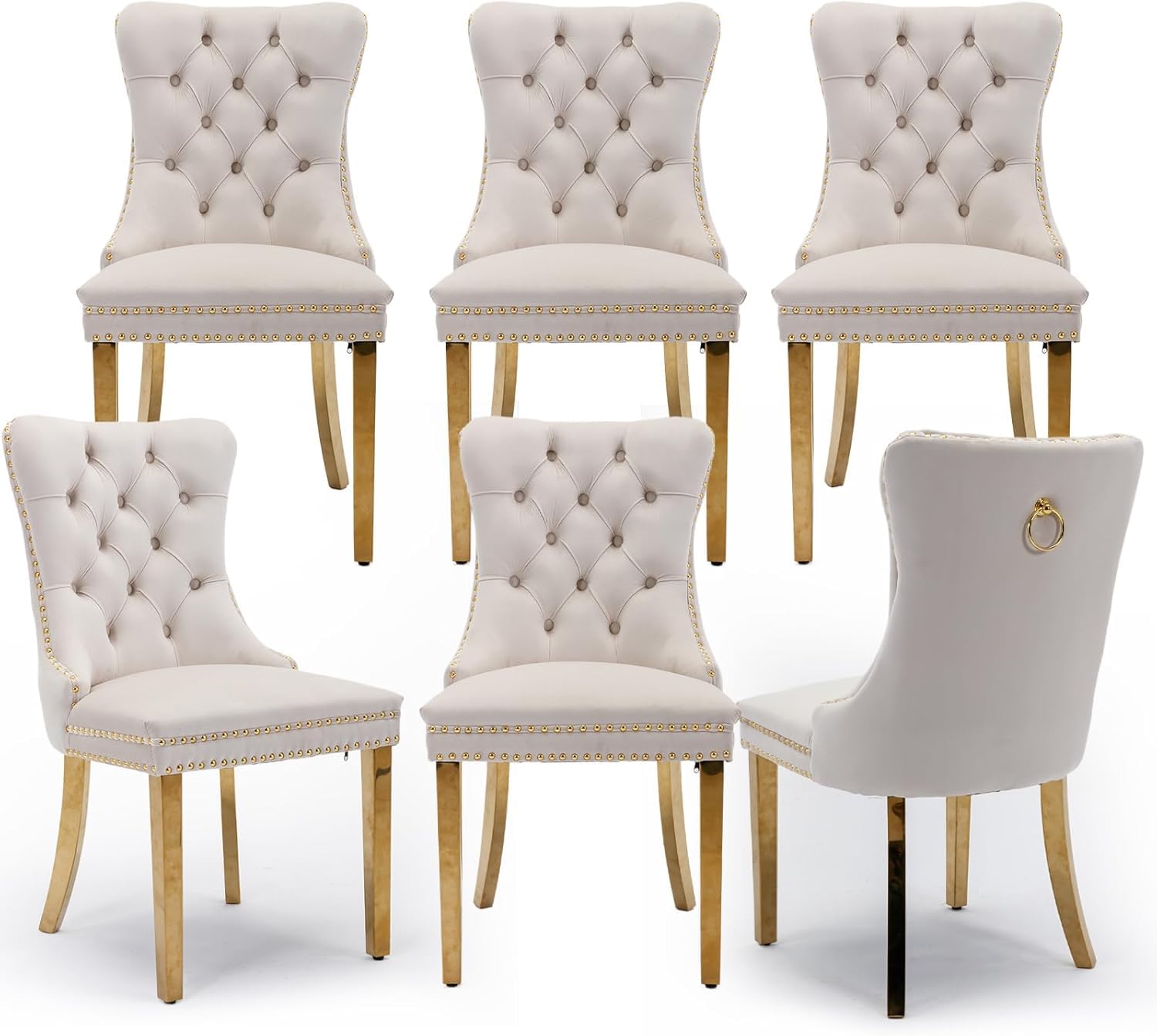 SoarTalent Velvet Upholstered Dining Chairs Set of 6, Modern Style Kitchen Side Chairs with Nailhead Trim and Gold Plated Leg, Metal Pulling Ring for