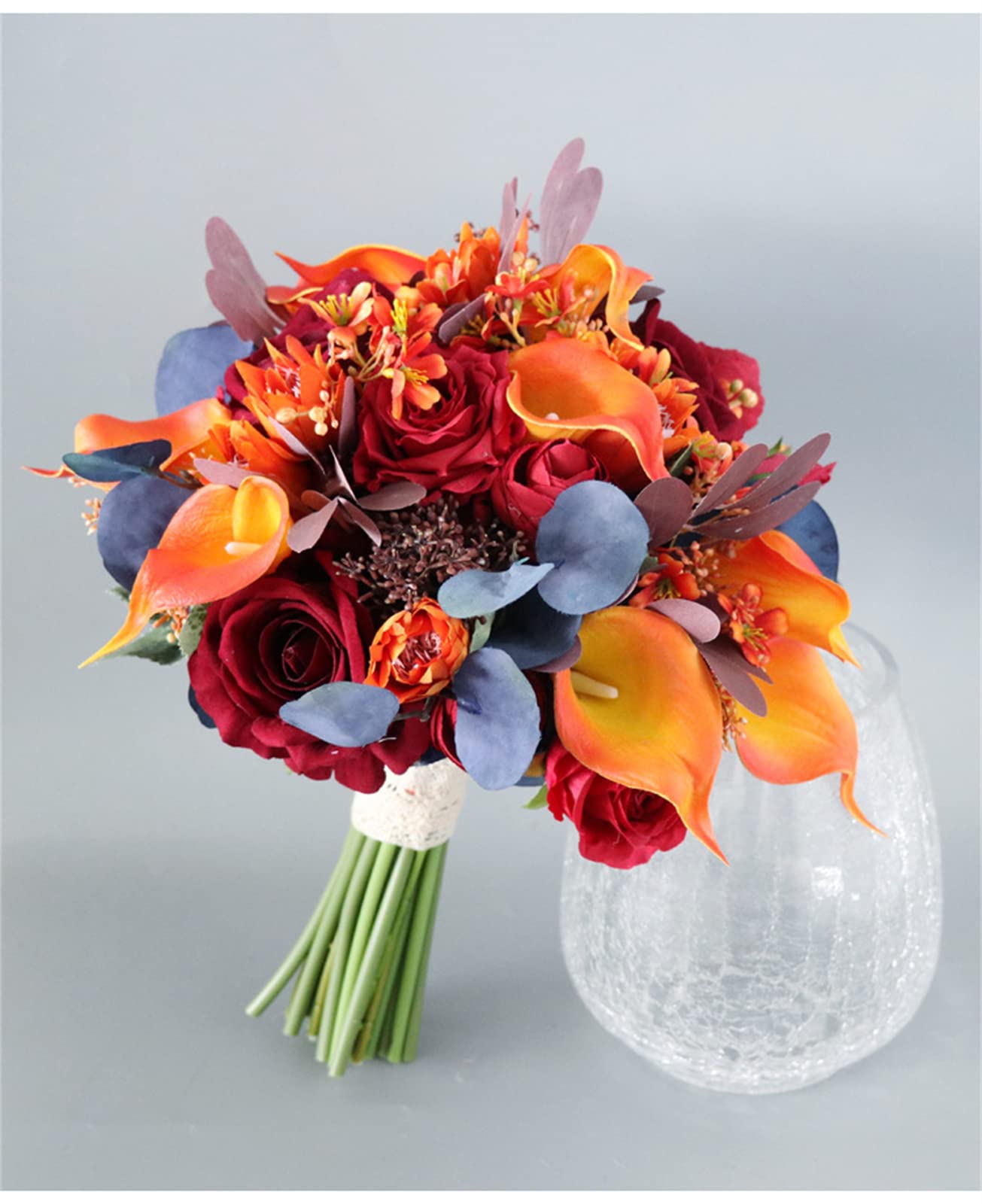 Künstliche Blumen, Brautstrauß mit bunten Rosen und Calla-Lilien, handgefertigter Wurfstrauß für rustikale Hochzeiten