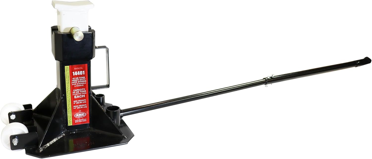 AME INTL 14401 Heavy Duty Jack Stand, 22 Ton Pair, Wheeled with Handle for Easy Maneuver, Min Height 12 Inch, Max Height 20 Inch Pin Style Locking