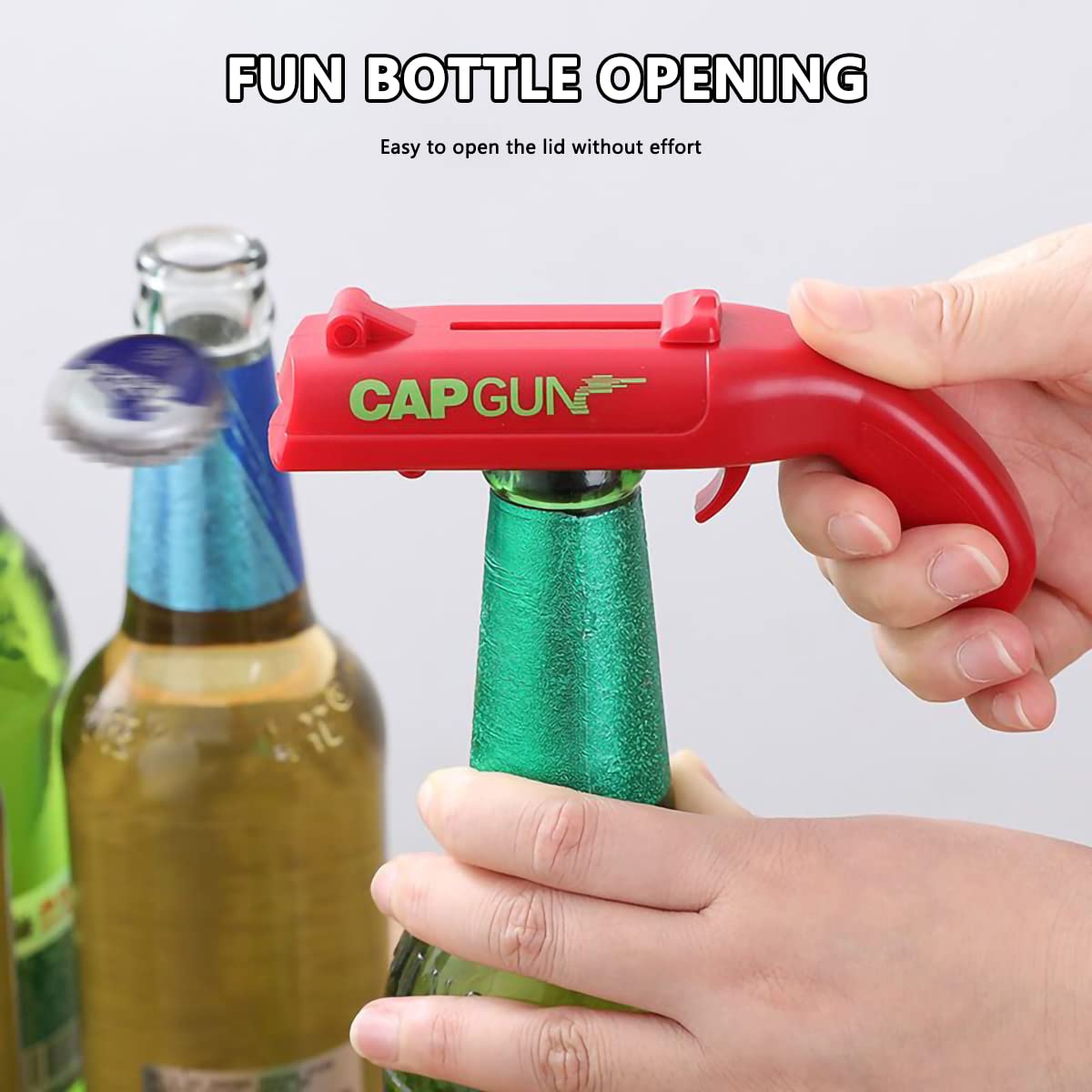 Cap Gun otwieracz do butelek, shooter, zabawny otwieracz do butelek, kreatywny otwieracz do butelek, pistolet do pokrywek piwa, do domu, baru, na imprezę, do picia i na prezent (czerwony + czarny)