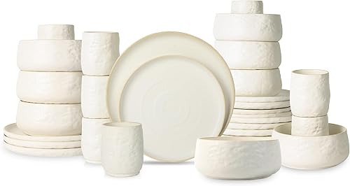 SHOSAI - Vajilla de cerámica de 32 piezas, color blanco moteado