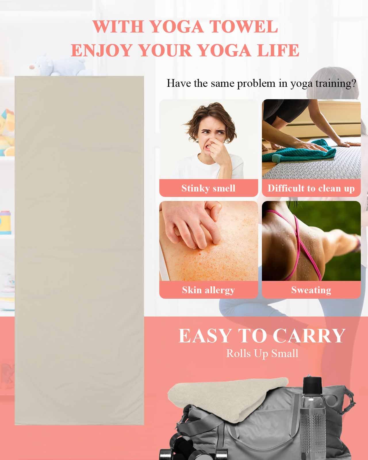 DecorLovee Toalla de yoga para yoga caliente, toalla de microfibra que absorbe el sudor, toalla de yoga antideslizante con 4 bolsillos en las esquinas para Bikram, pilates, moderno blanco marfil puro,