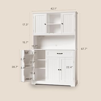 Gizoon Tall Kitchen Storage Cabinet with Door and Shelves, 67 Kitchen Pantry Cabinet Large Coffee Bar Hutch with Storage for Dining Room, Painted White