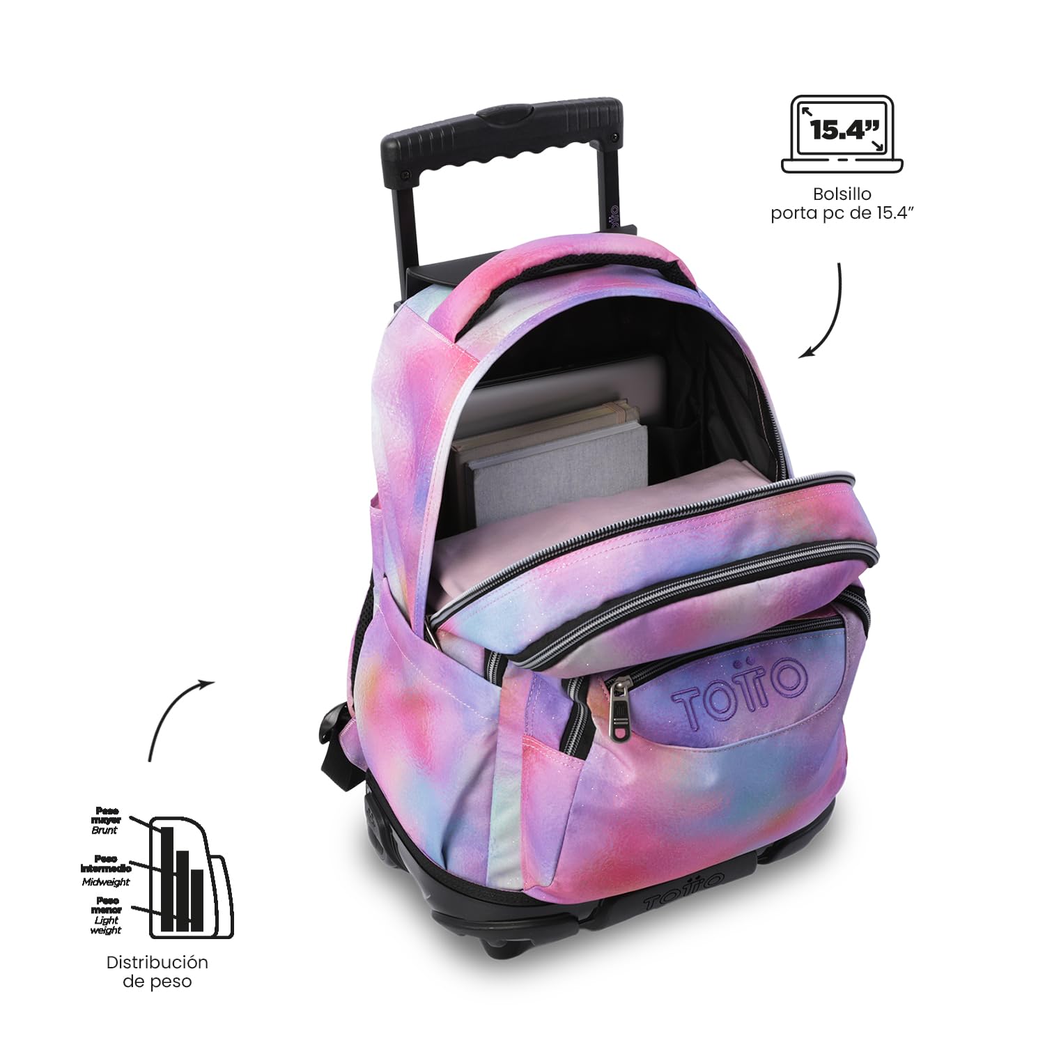 TOTTO - Mochila Escolar con Ruedas, Modelo Renglones Glitter, Capacidad 26,21 Litros, Bolsillo para PC 15,4", Bolsillo Botella, Correas en S para Mayor Comodidad, Resistente, Estampado Bloom