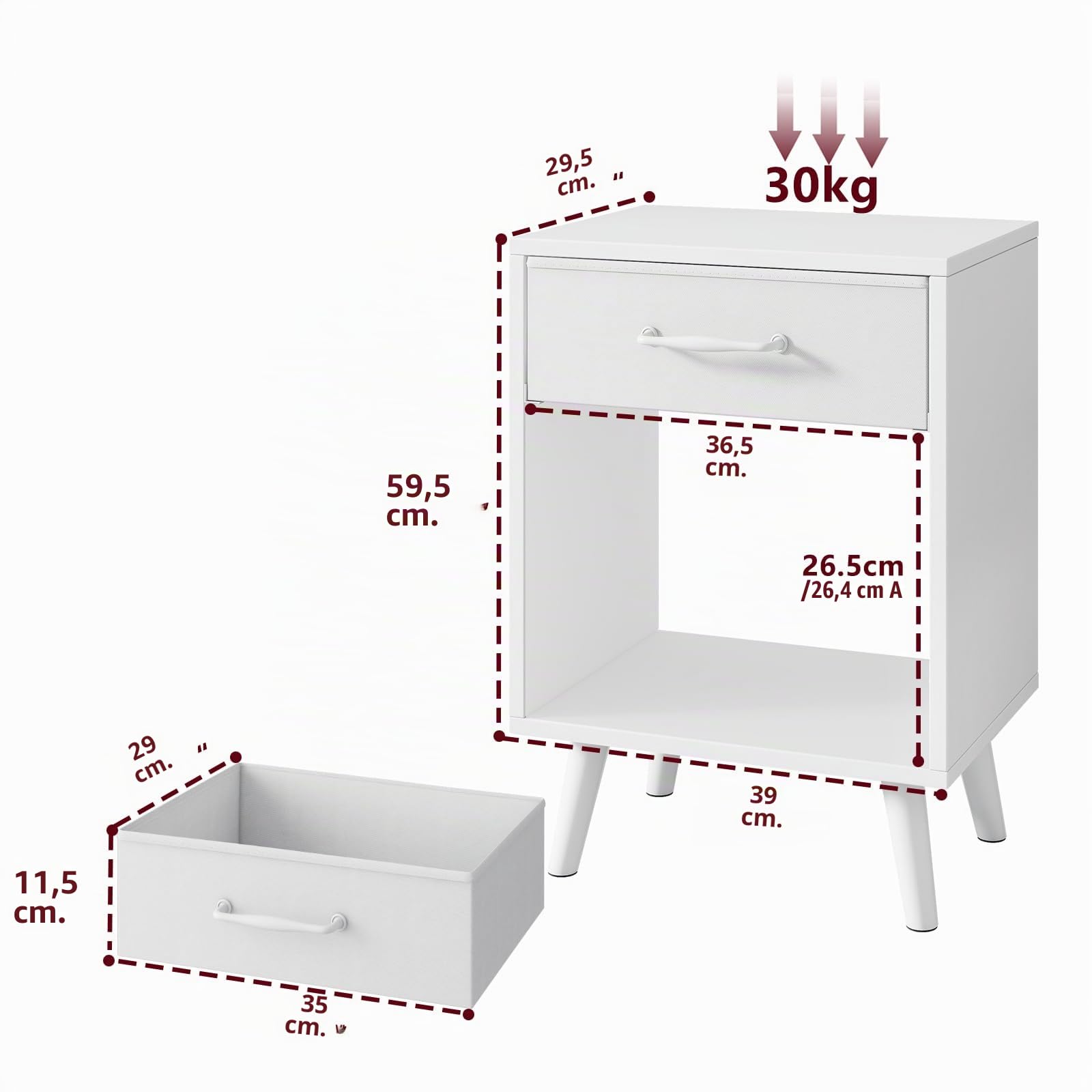 YMYNY Set de 2 Mesitas de Noche, Mesa Auxiliar de Salón, Cajón de Tela con Asa, Ripiano Abierto, Patas de Madera Maciza, Estilo Industrial Rétro, 39x29.5x59.5 cm, para Dormitorio, Blanco HST020W-2