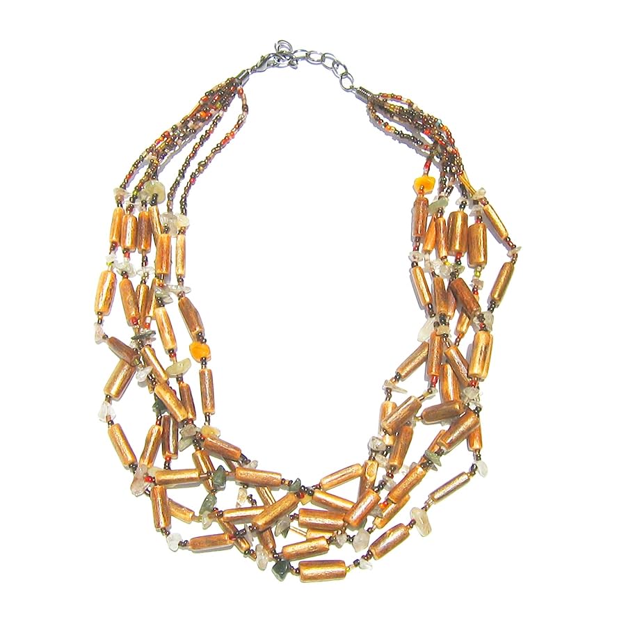 Collier Kenya en Bois Marron avec Cailloux Verts et Oranges - Style Ethnique Multicouches