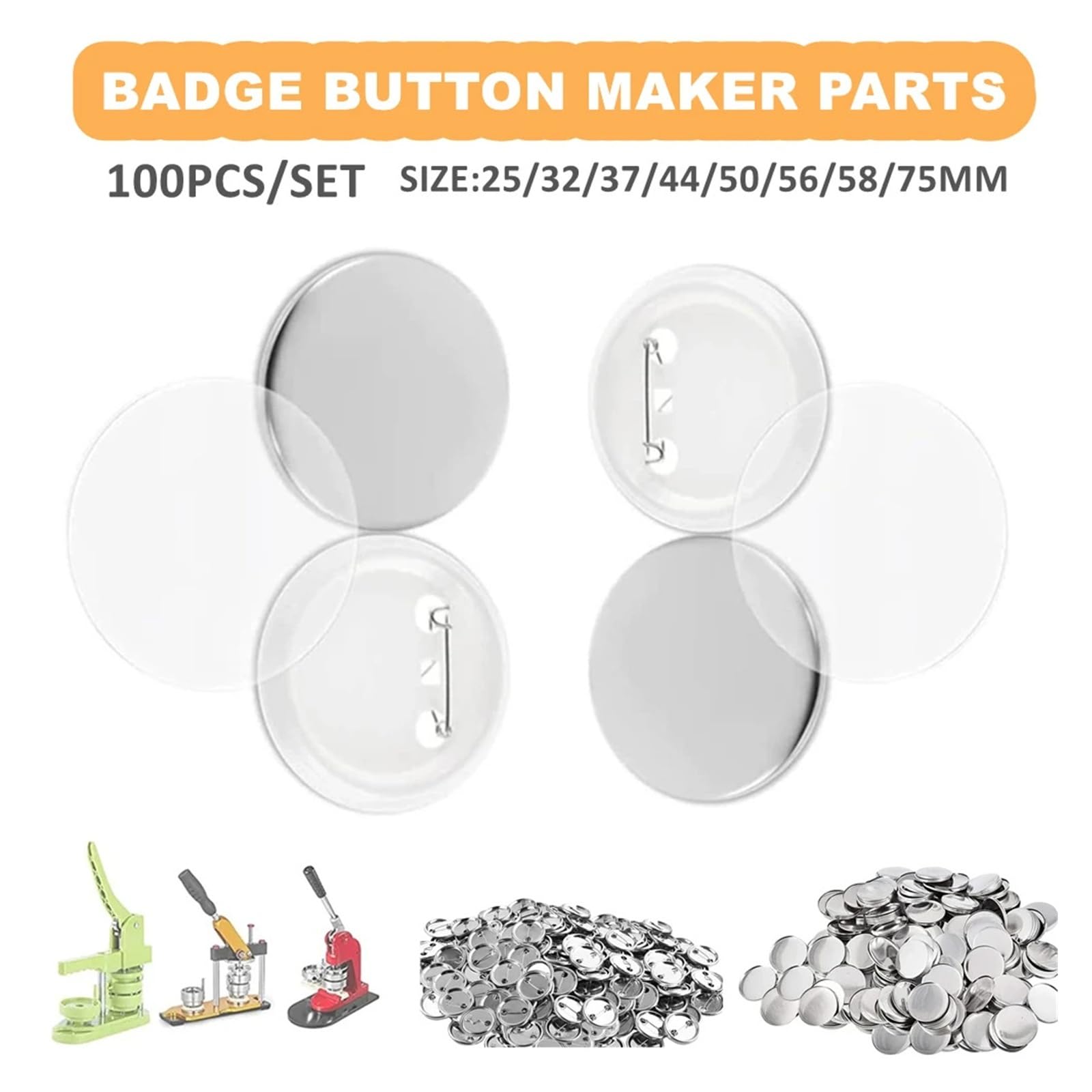 Części do maszyn produkcji przypinek DIY, 100 zestawów pustych plastikowych/metalowych o średnicy 25-75 mm Na imprezy, wydarzenia sportowe