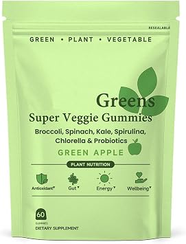 Super Veggie Gummies - Gummy with Probiotics Multivitamin for Energy, Immune Support & Gut Health, Green Apple Flavor, 60 Count