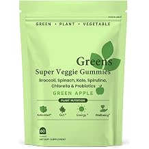 Super Veggie Gummies, Green Apple Flavor Gummy with Probiotics Multivitamin Vitamin D3, K2, Daily Supplement for Immune and Gut Health, 60 Ct