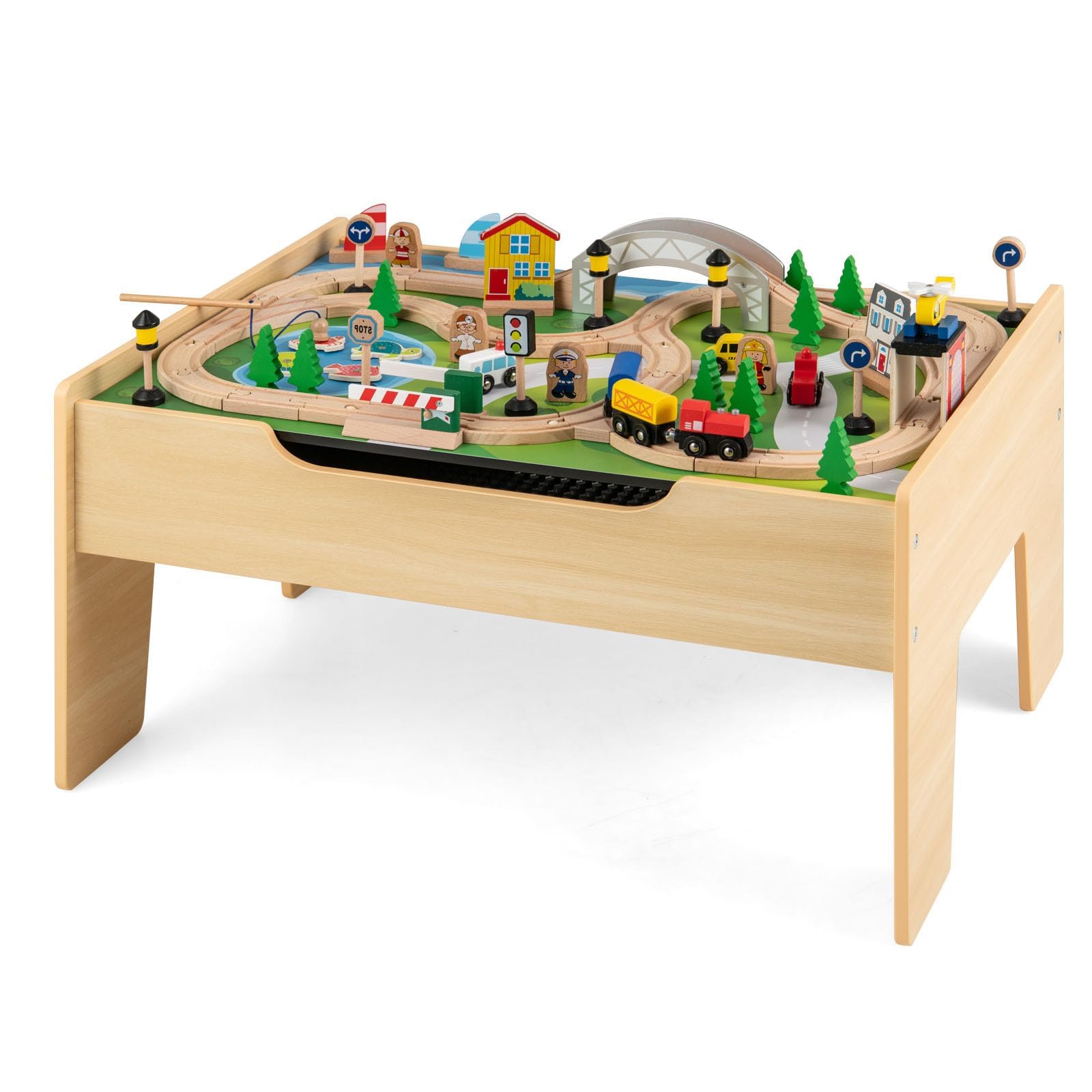 LIFEZEAL Kinder Spieltisch mit Holzeisenbahn, 78 teiliges Kinderspielzeug Set Holz, Multifunktionaler Aktivitätstisch Bausteintisch Maltisch für Jungen & Mädchen, 79 x 51 x 15 cm
