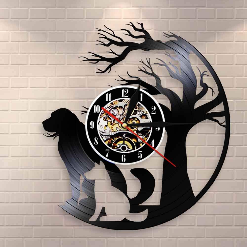 Cani sotto l'albero Wall Art Home Decor Orologio da parete Cuccioli Silhouette Orologio da parete con disco in vinile Regalo vintage per gli amanti dei proprietari di cani Dia 30cm 7 colori Orologio